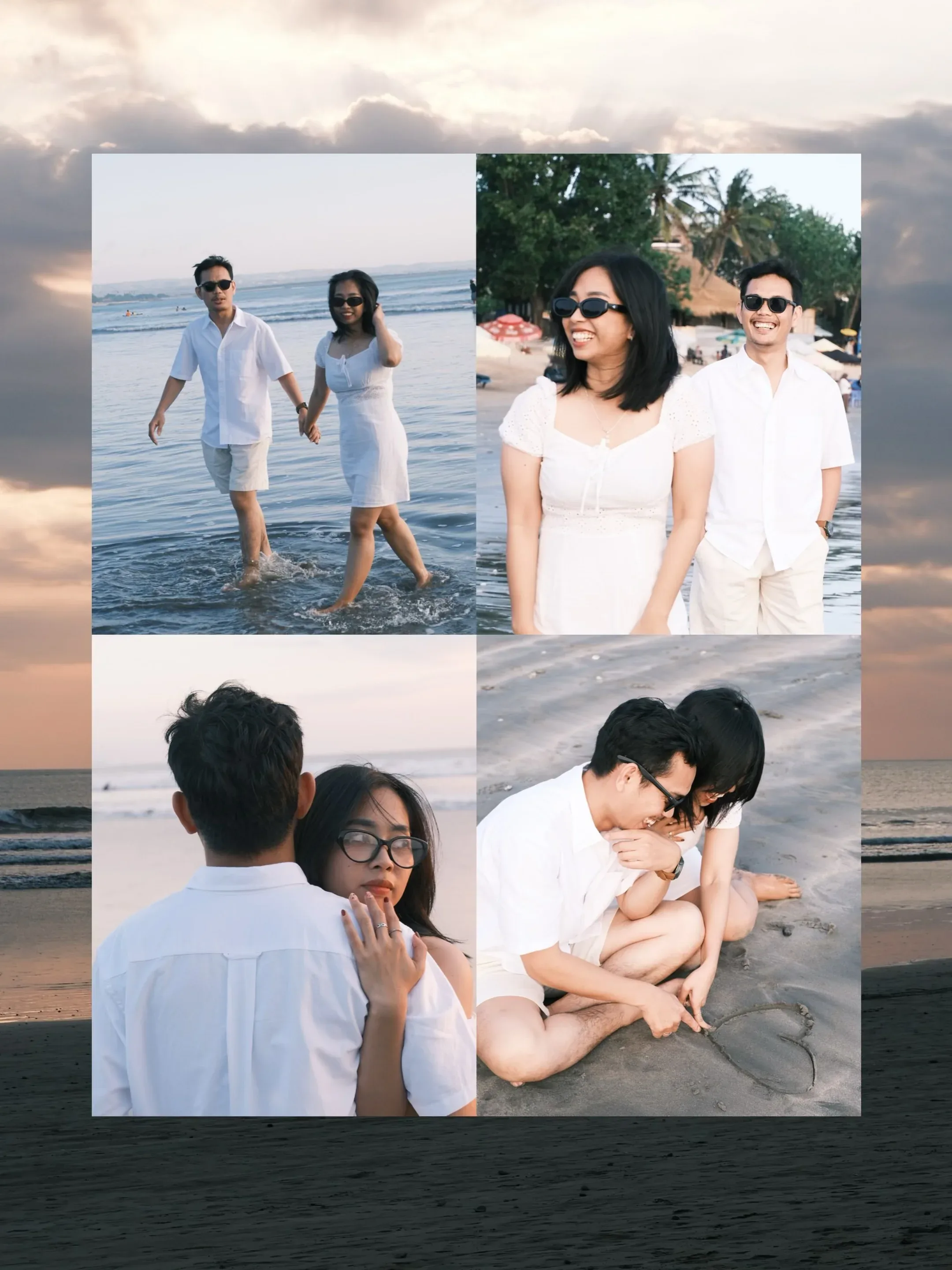 Four frames from the session laid out as a grid: walking in the shallows, standing together on the sand, an embrace, and drawing a heart in the sand.