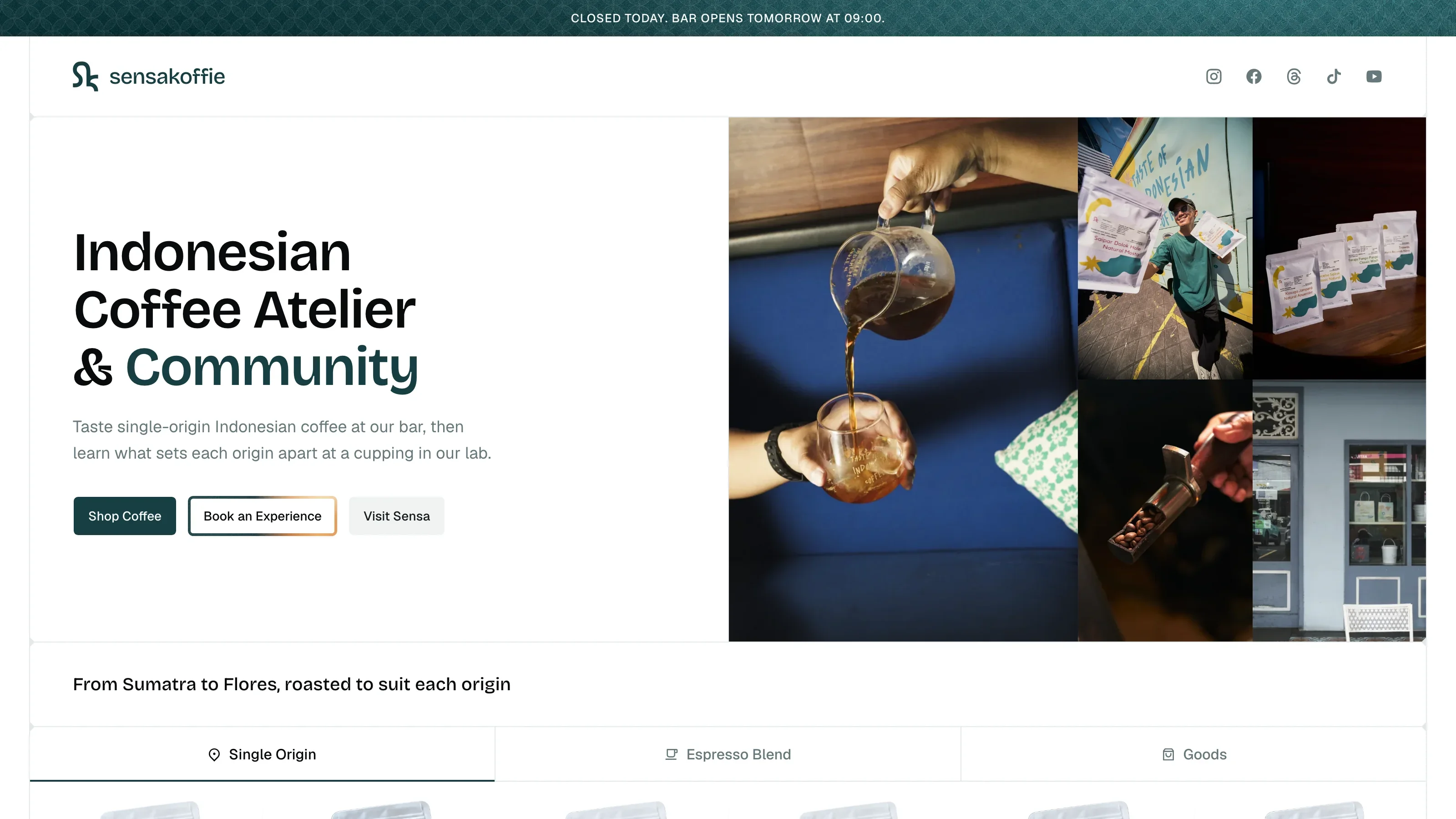 sensakoffie homepage hero with brand typography, coffee atelier positioning, and action buttons.