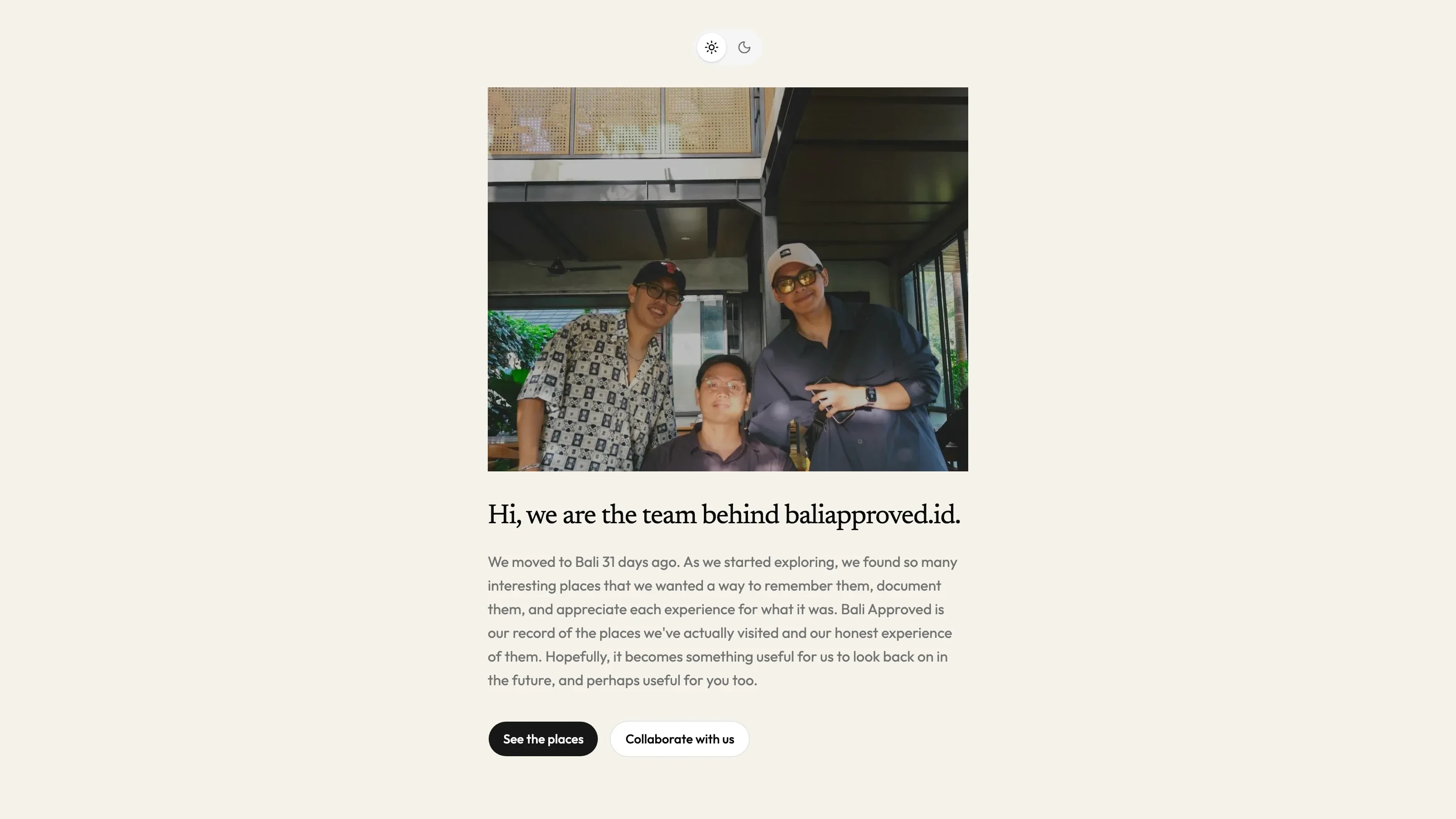 Bali Approved introduction with a team photo and a short note about documenting honest local experiences.