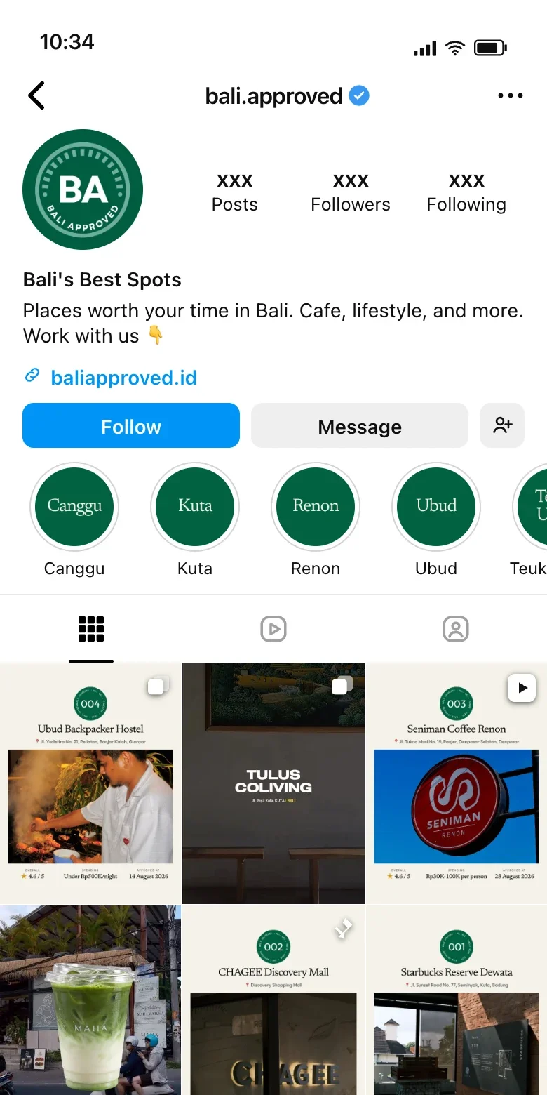 The @bali.approved Instagram profile: the circular Bali Approved seal, the bio, area highlights for Canggu, Kuta, Renon, Ubud, and Teuku Umar, and a grid of numbered approved-place posts.