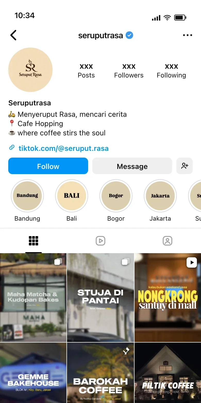 The @seruputrasa Instagram profile: the Seruput Rasa monogram, a bio about cafe hopping, city highlights for Bandung, Bali, Bogor, and Jakarta, and a grid of cafe posts labelled with their area.