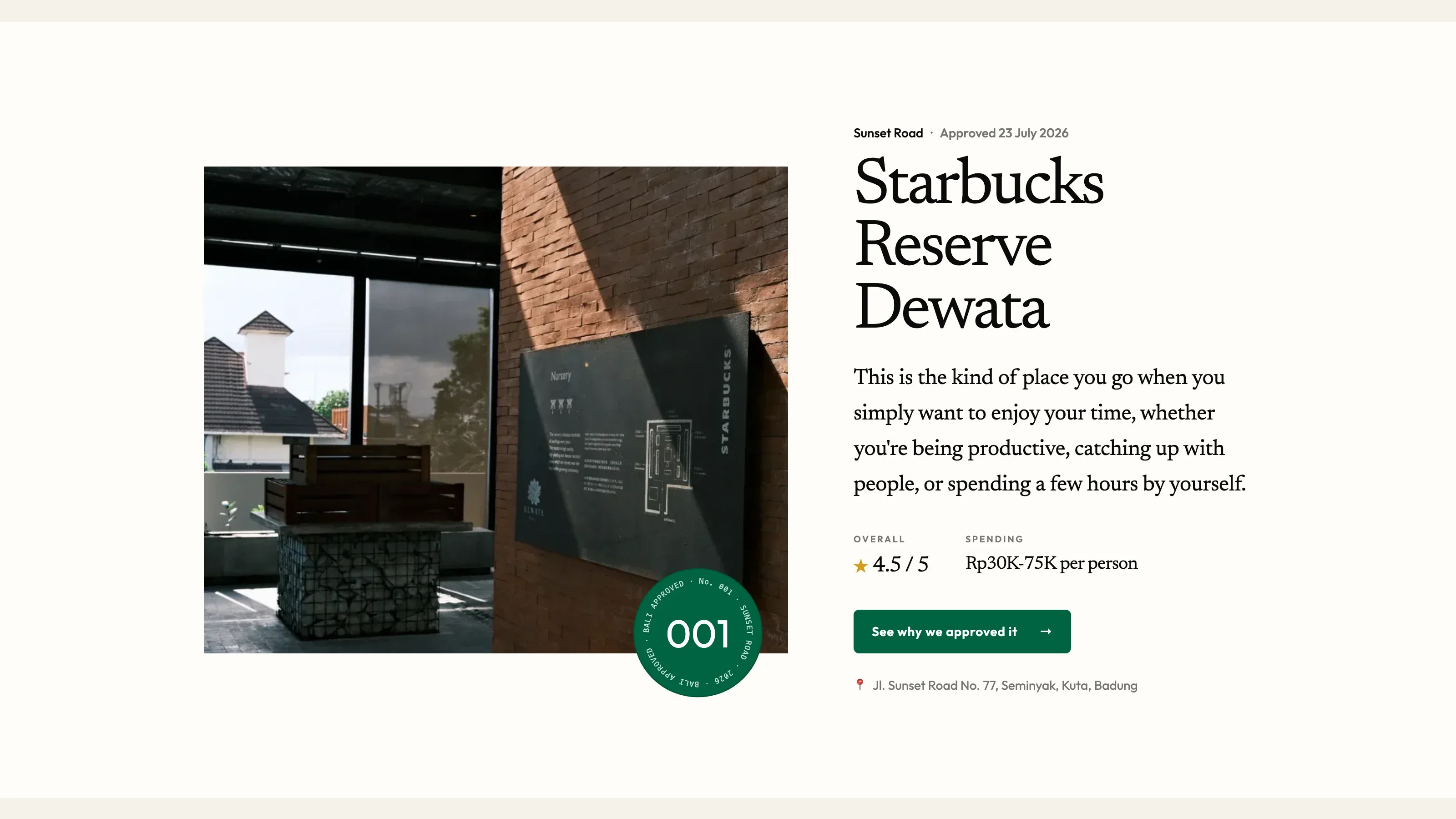Approved place card for Starbucks Reserve Dewata with rating, spending range, and a circular Bali Approved seal.