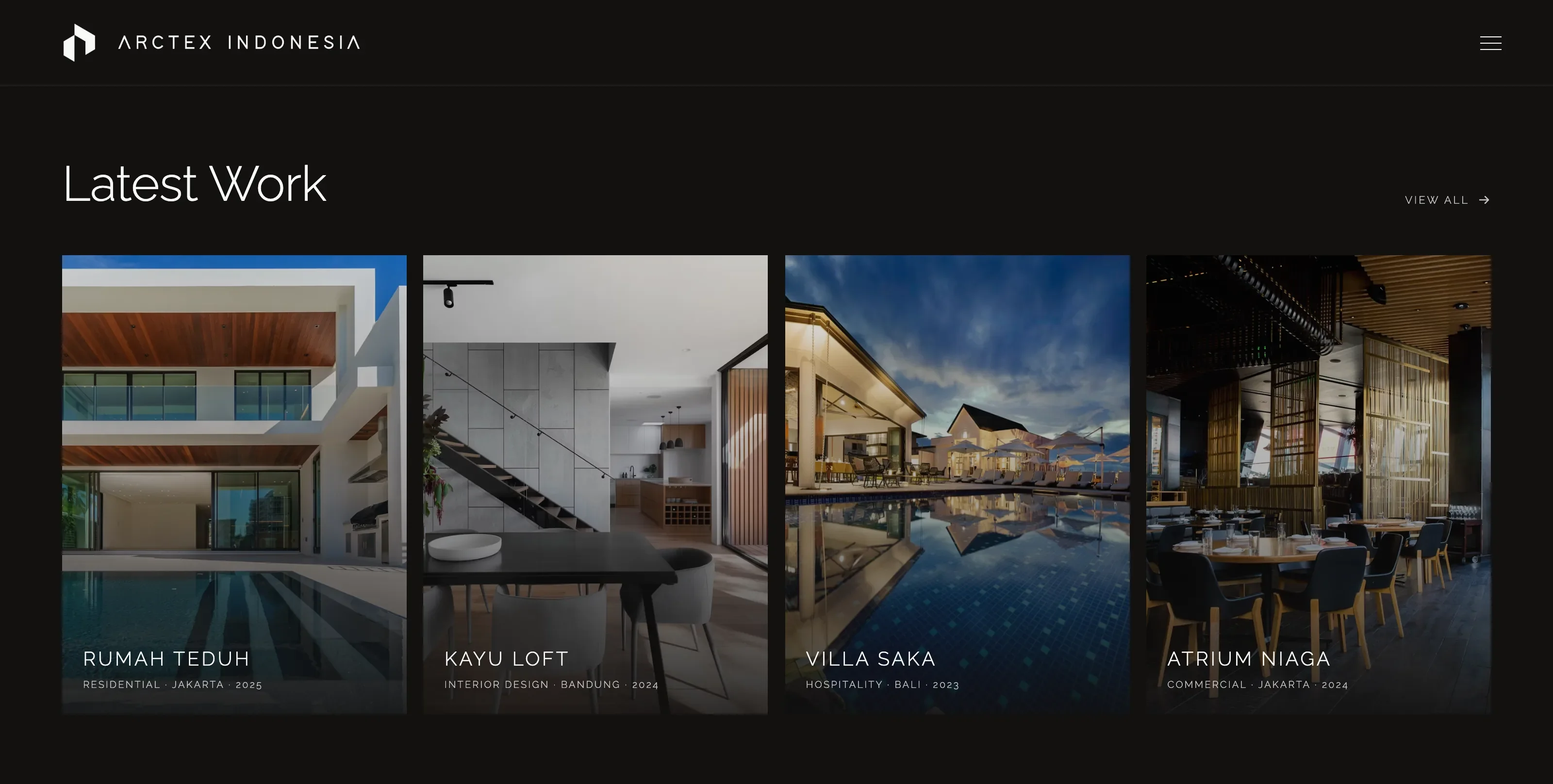 Arctex's Latest Work section displaying four architecture and interior projects.