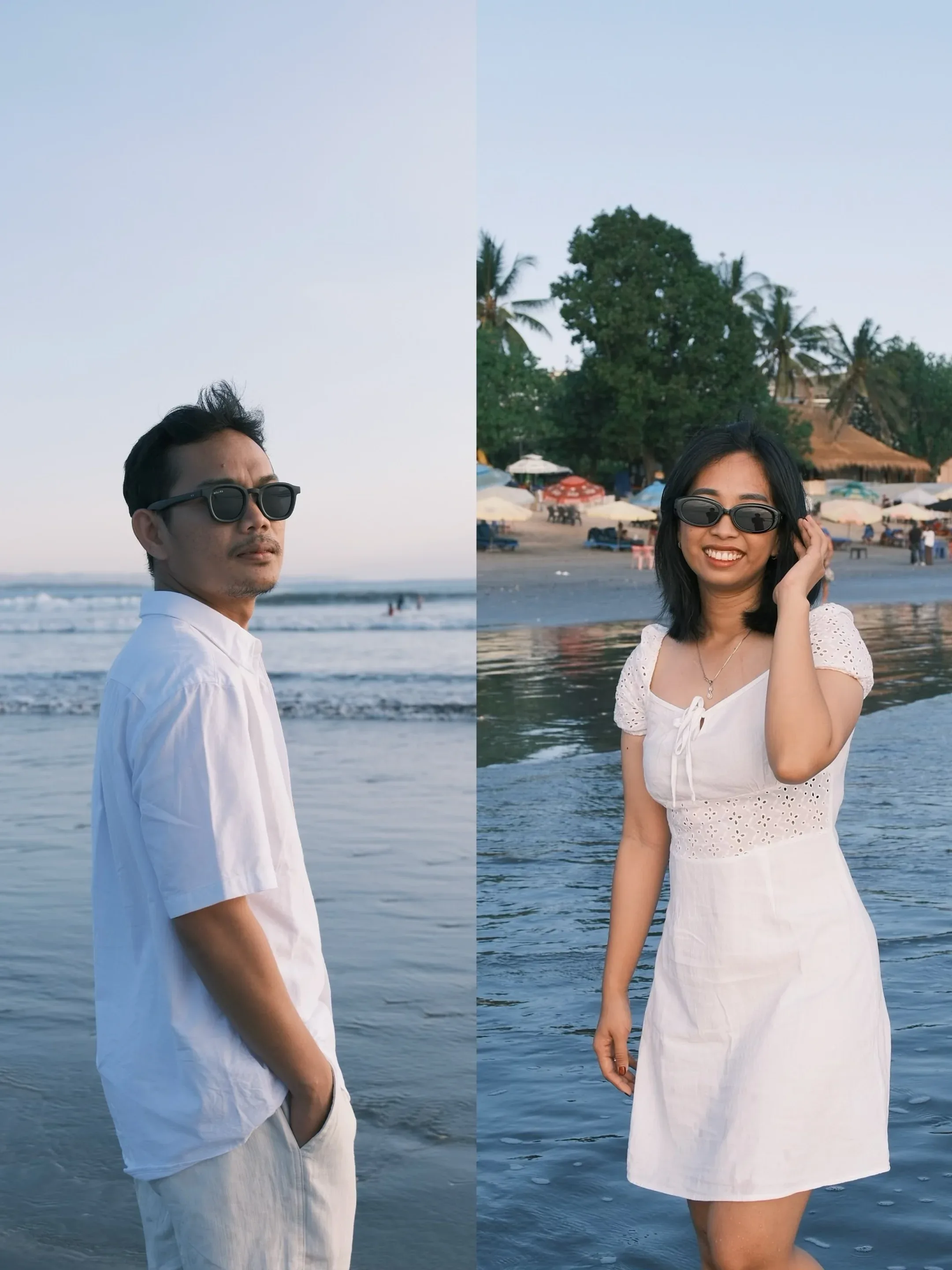 A two-frame portrait pair: him standing in the shallows looking back, her on the shoreline smiling with a hand in her hair.