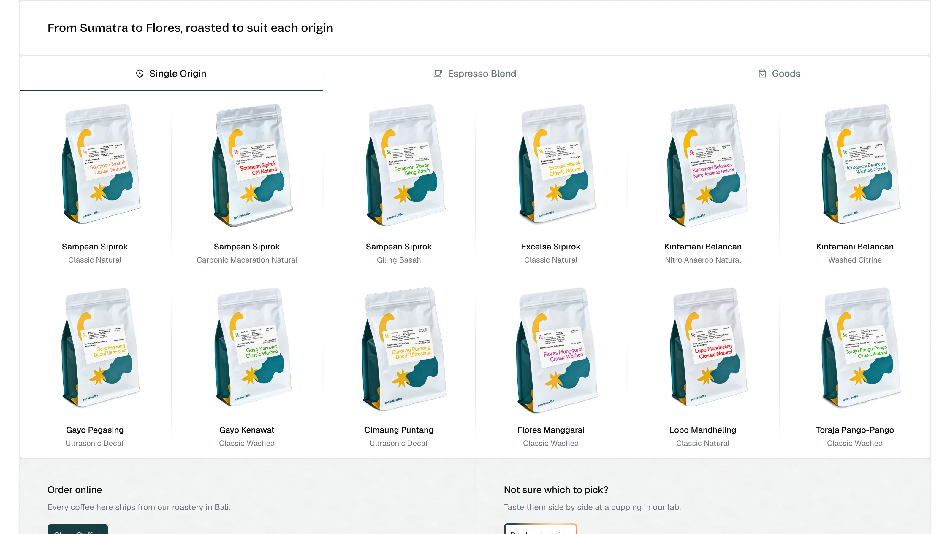 sensakoffie single-origin coffees and roasted bean catalog with origin notes and ordering options.