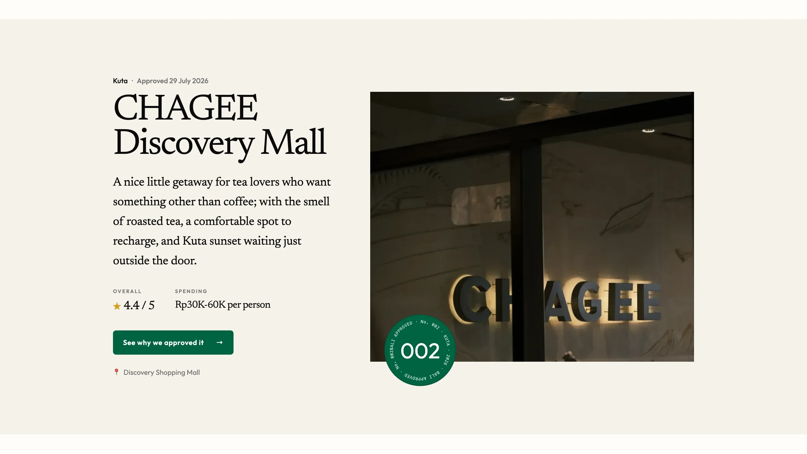 Approved place card for CHAGEE Discovery Mall showing the nighttime storefront and approval details.