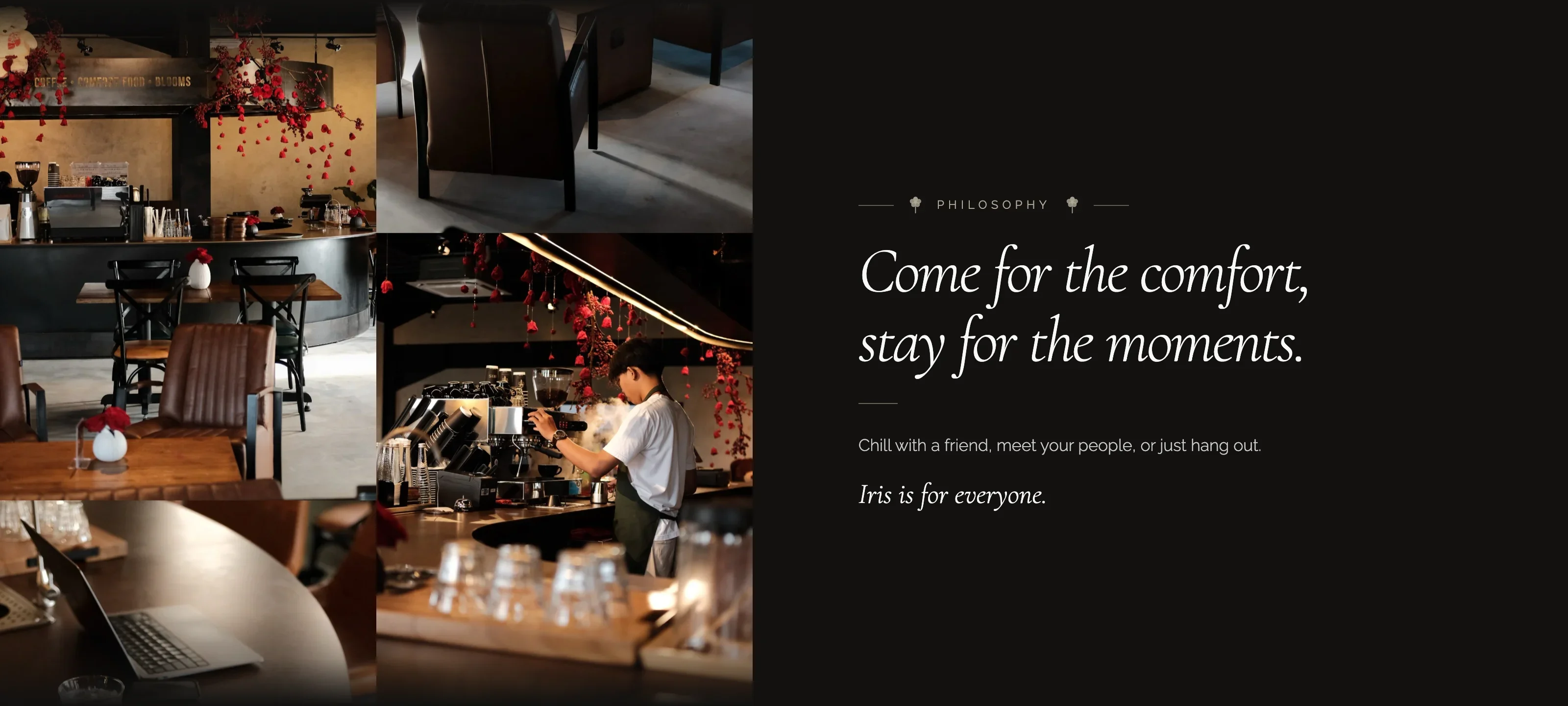 Iris Cafe Bali philosophy section reading 'Come for the comfort, stay for the moments' beside a dual-track photograph marquee.