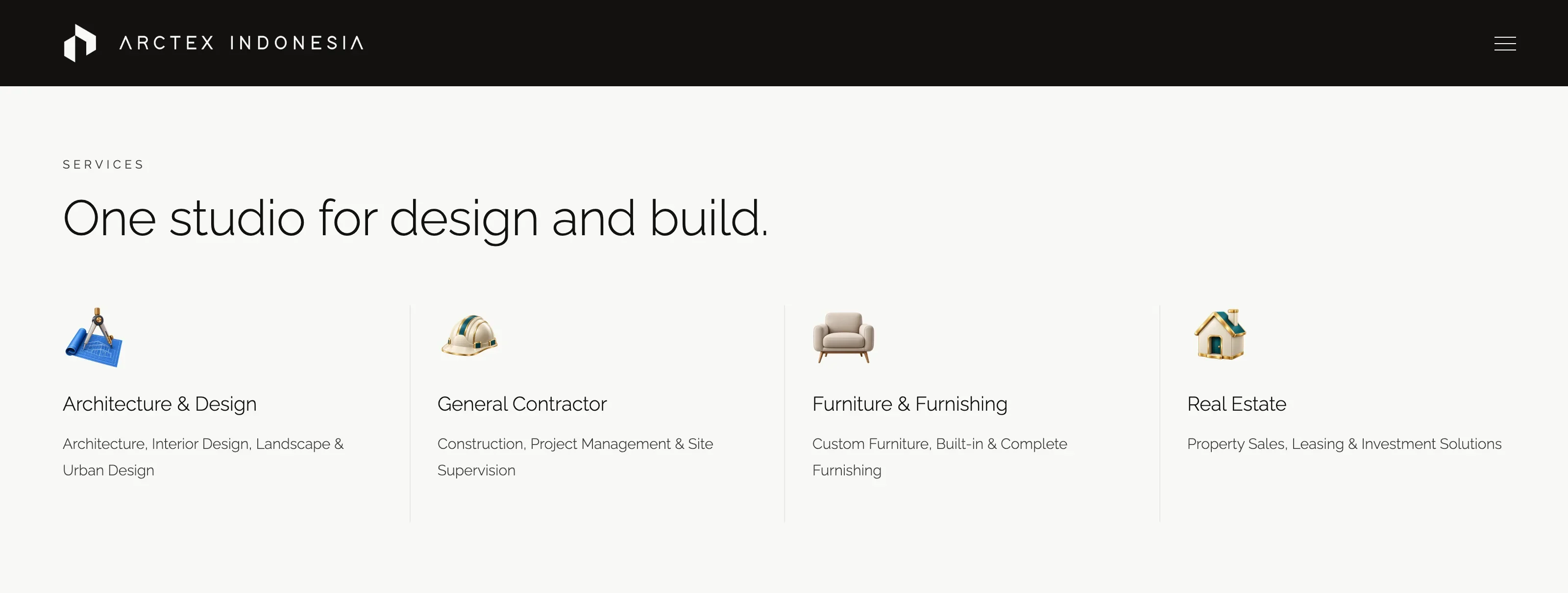 Four Arctex services: architecture and design, general contracting, furniture and furnishing, and real estate.