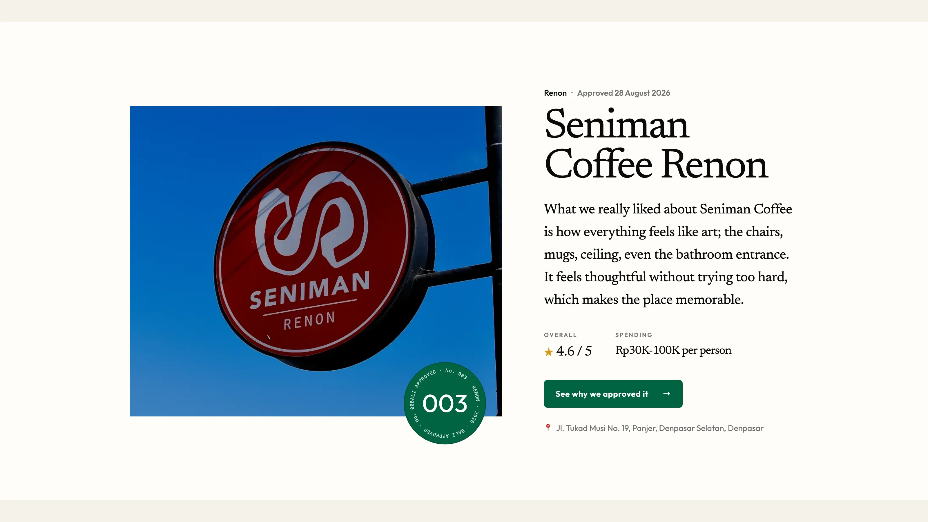Approved place card for Seniman Coffee Renon with the red circular sign and approval seal.