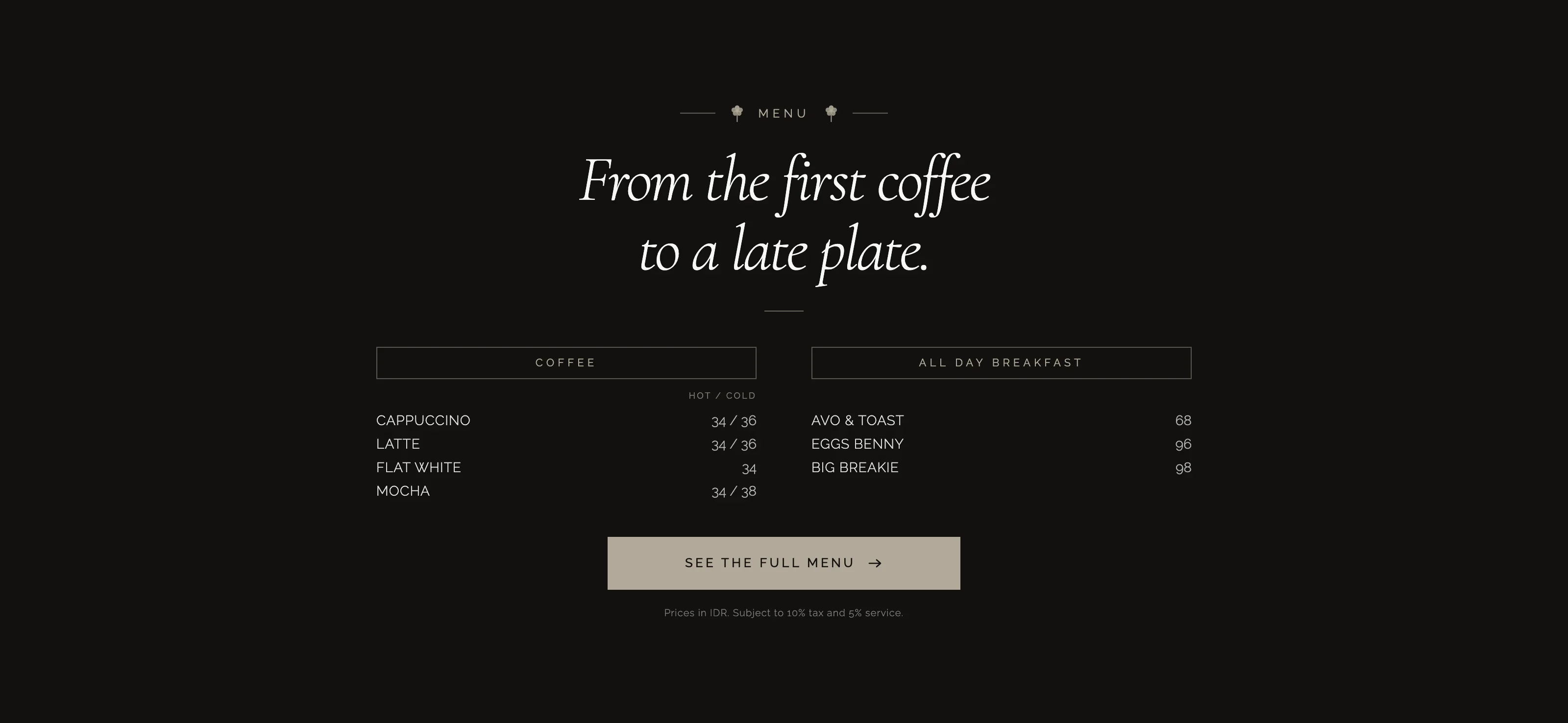 Iris Cafe Bali menu section featuring coffee prices, all-day breakfast plates, and link to the full menu.
