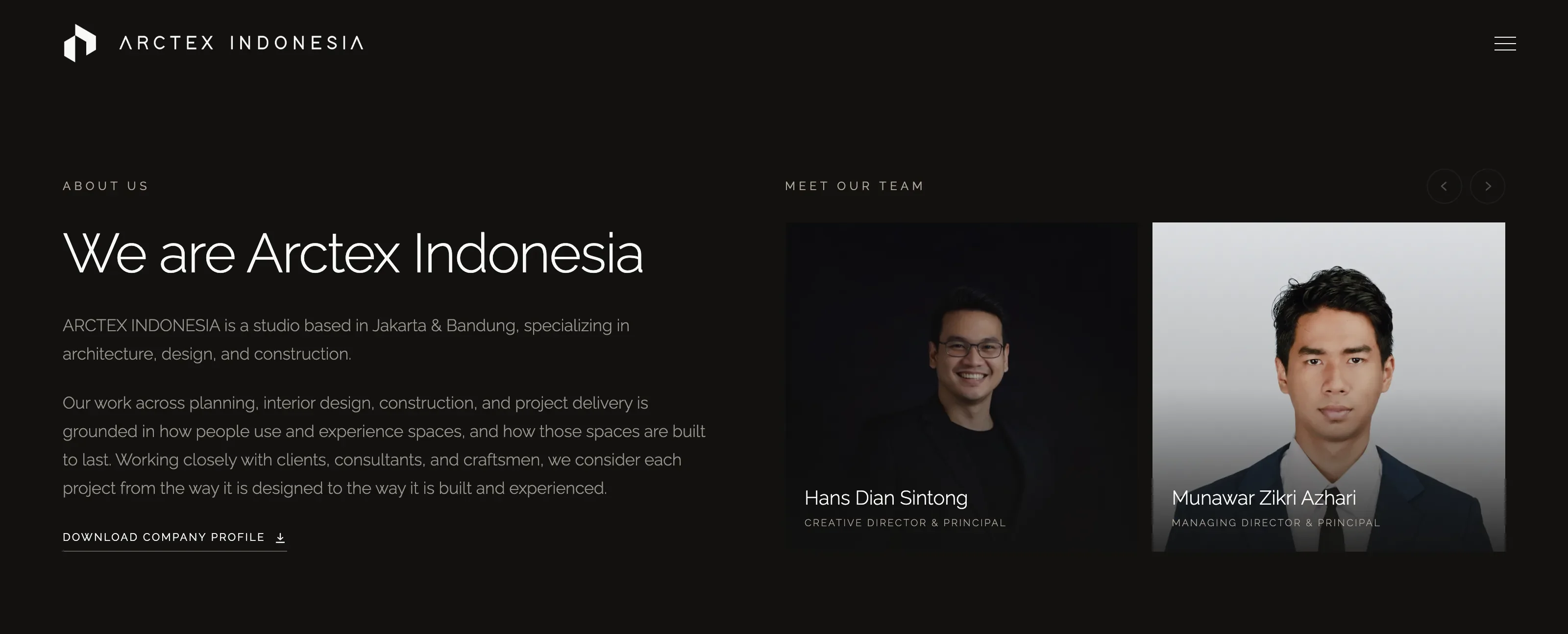 Arctex's studio introduction beside portraits of its two principals.