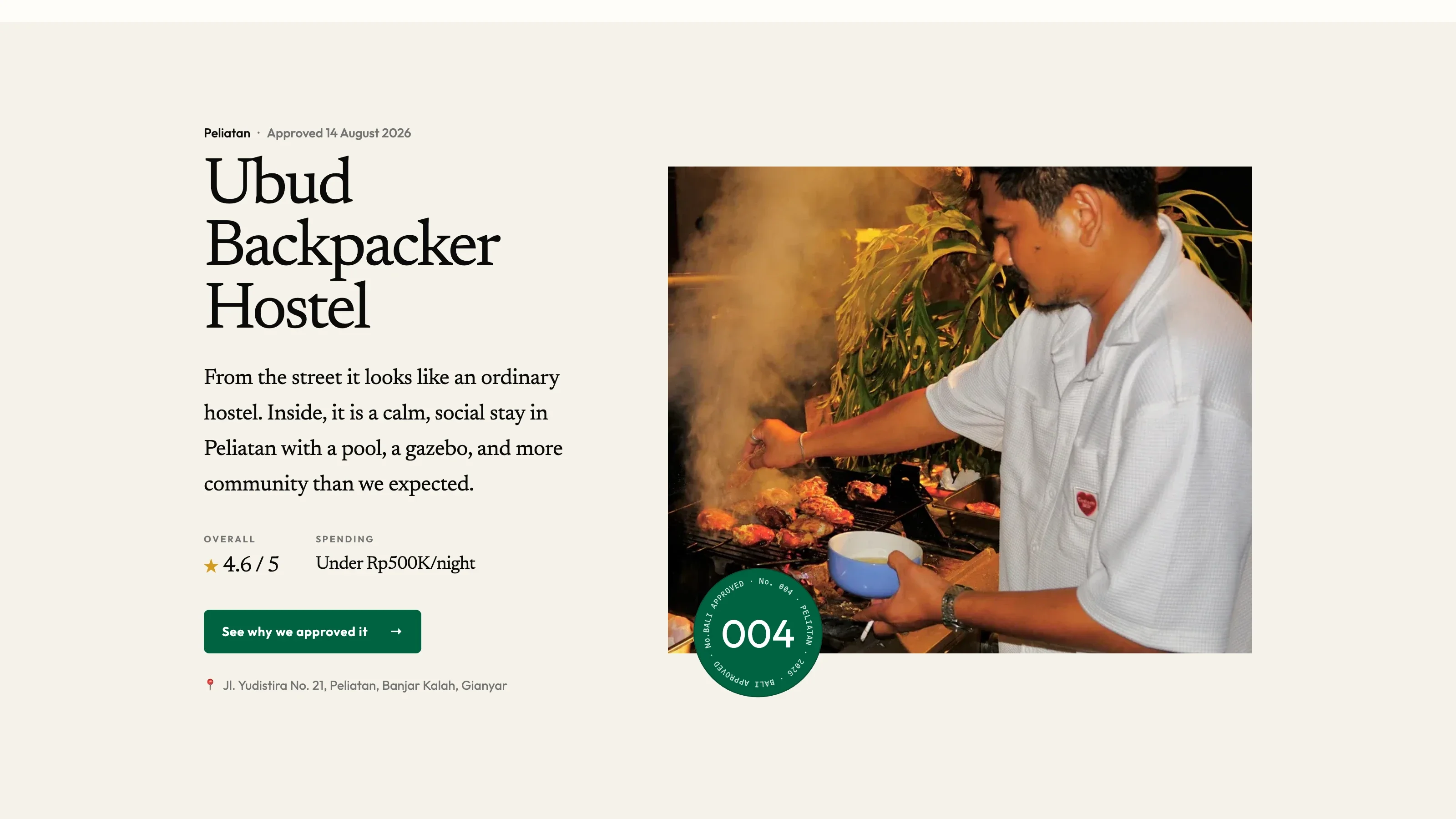 Approved place card for Ubud Backpacker Hostel with a grilling scene and stay pricing.
