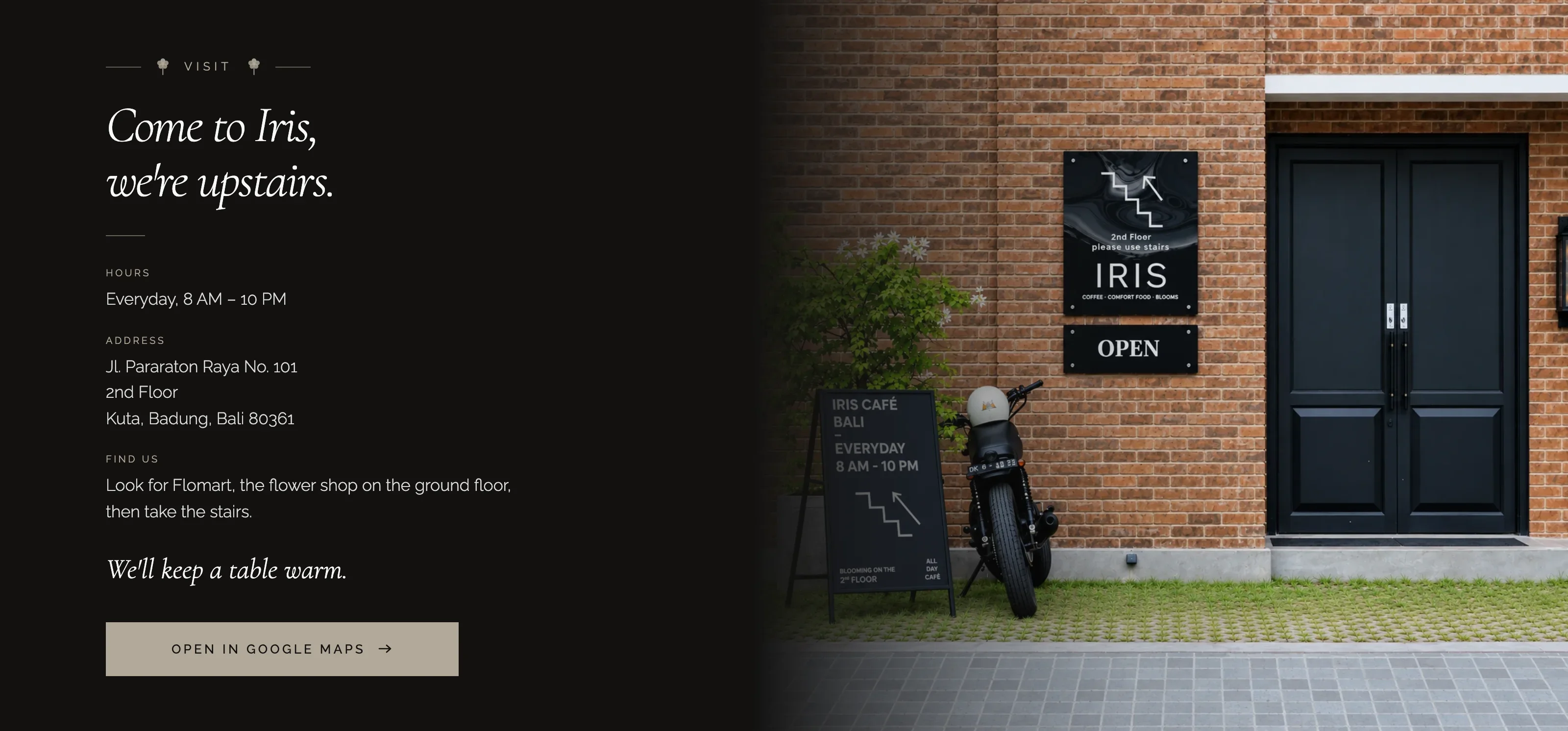 Iris Cafe Bali location details with opening hours, directions above Flomart flower shop, and the street-level entrance photograph.