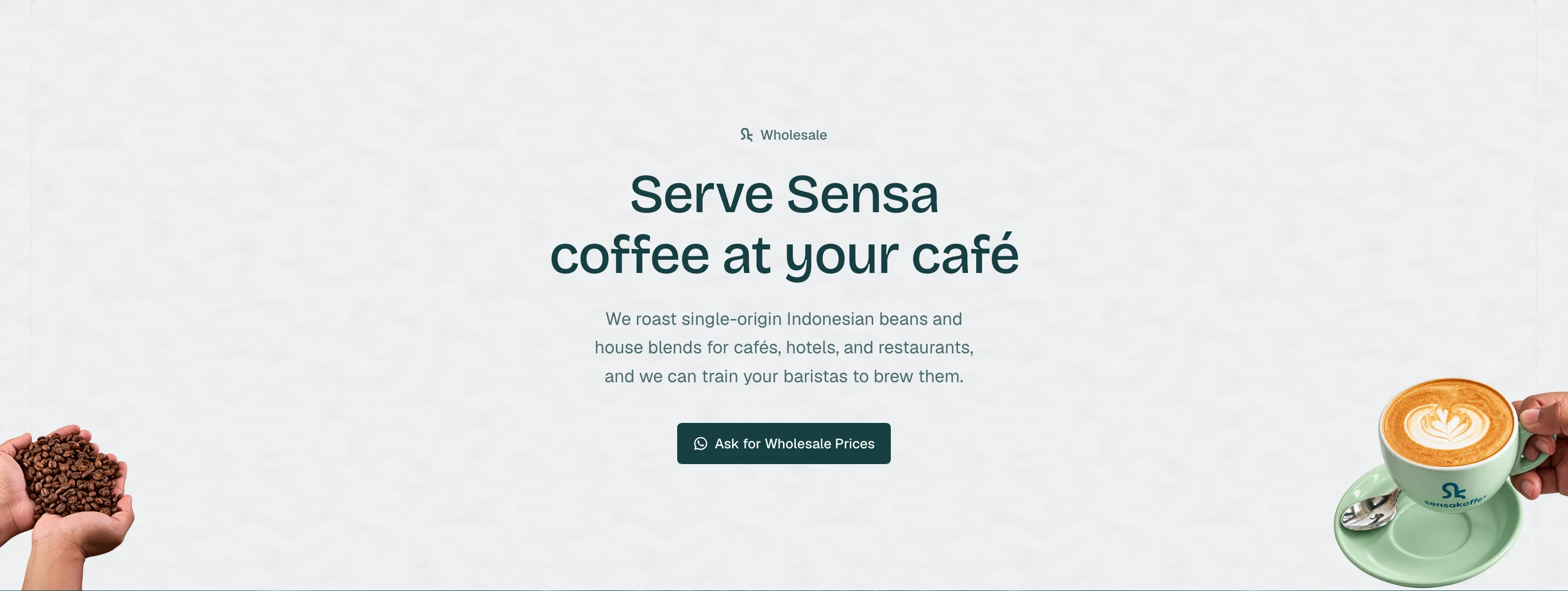 sensakoffie wholesale partnership section highlighting custom roasting and barista training for cafes and hospitality.