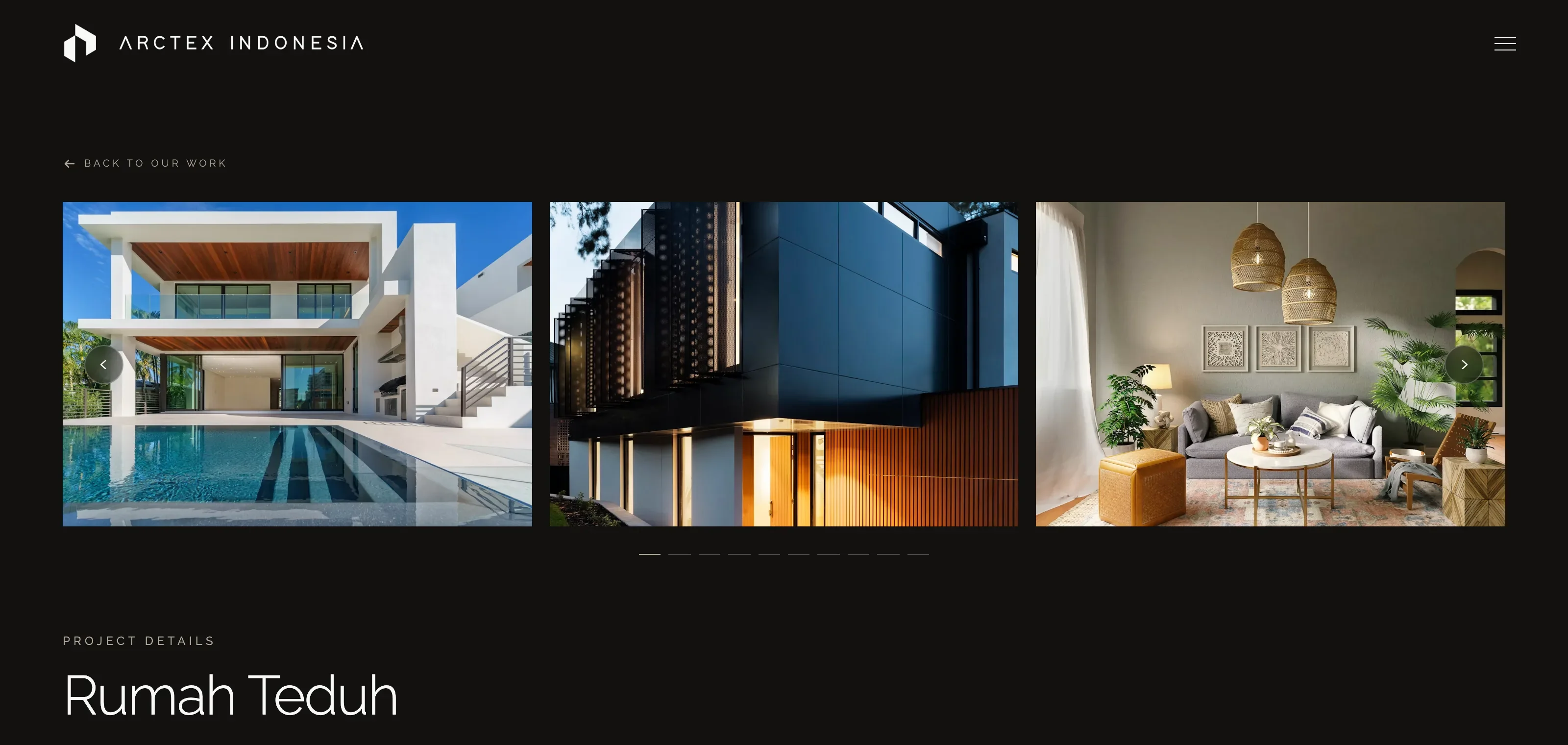 Rumah Teduh project detail page featuring a gallery of architecture and interior photographs.