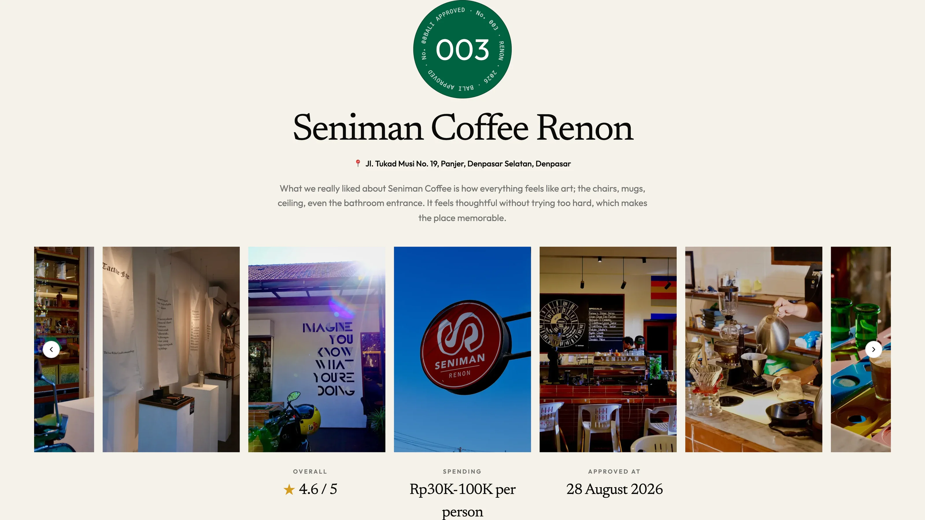 Seniman Coffee Renon detail page with an image carousel, address, and rating summary.
