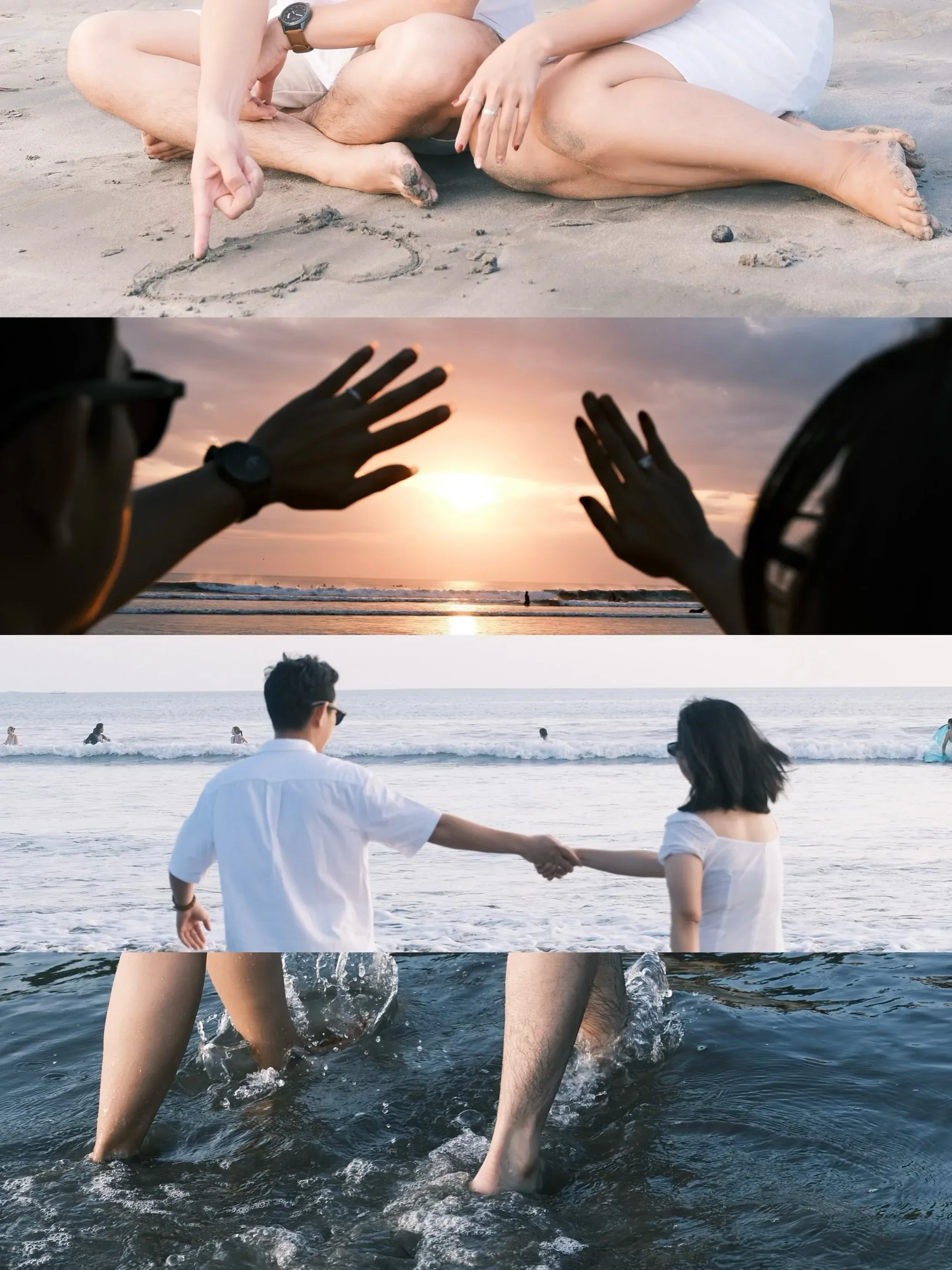 Four stacked video frames: a hand drawing a heart in the sand, hands framing the sun, the two of them walking into the surf, and feet splashing in the shallows.