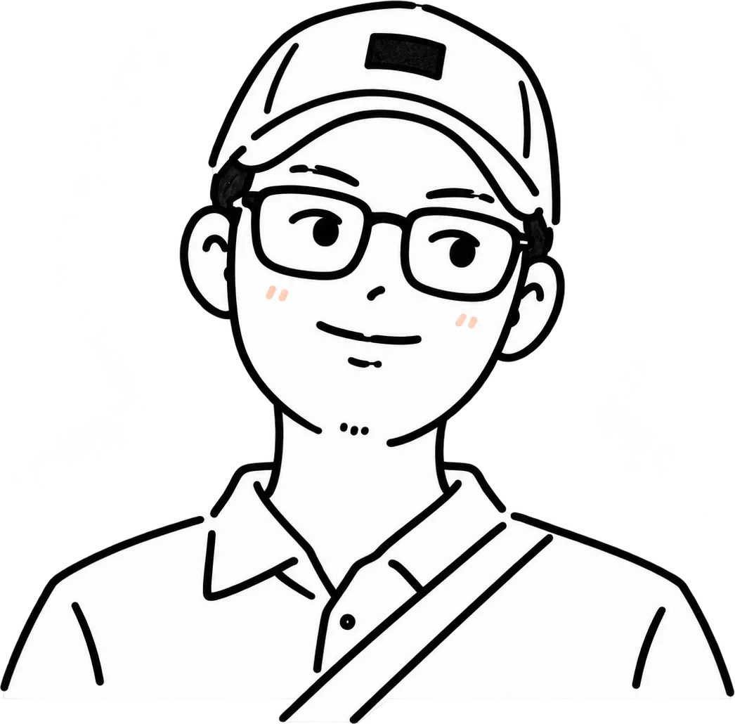 Line drawing of Bryan Primus, wearing a cap, glasses, and a collared shirt with a sling bag.