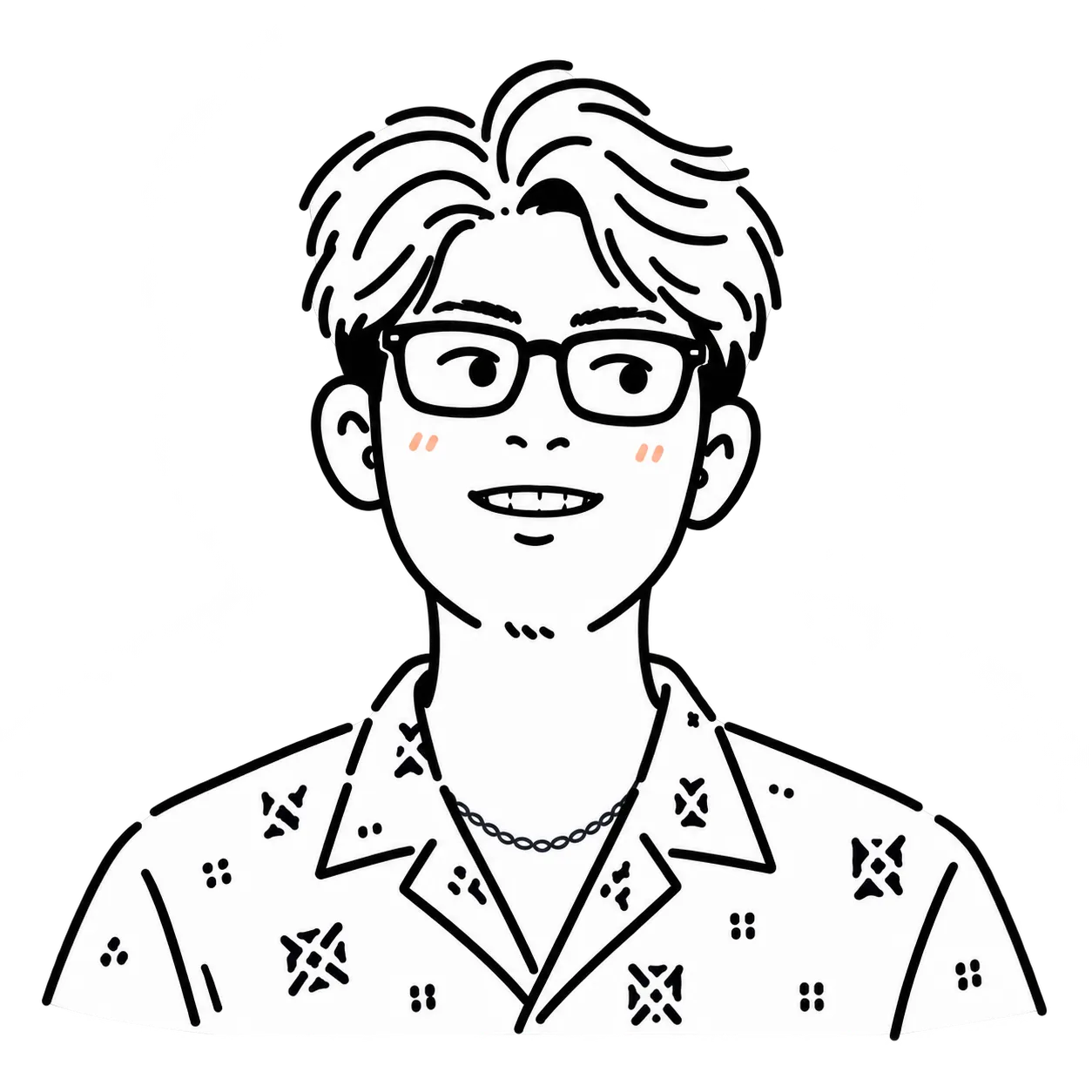 Line drawing of Febrian Sihite, smiling in glasses, a patterned shirt, and a chain necklace.